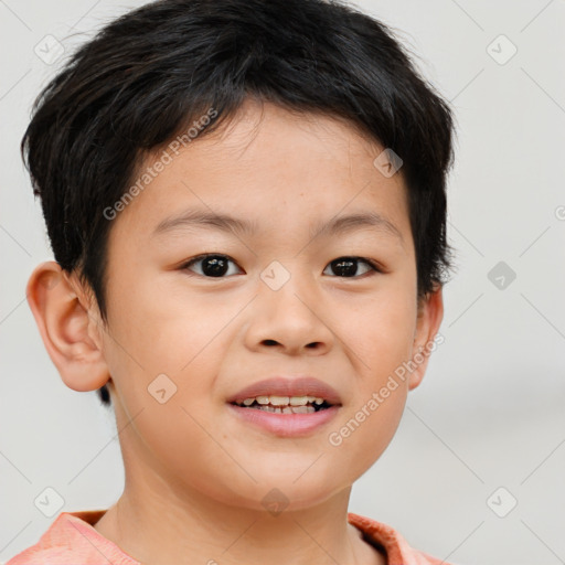 Joyful white child female with short  brown hair and brown eyes