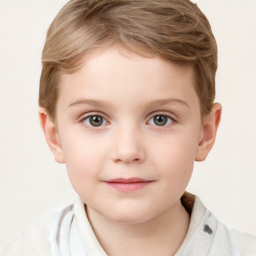 Joyful white child female with short  brown hair and grey eyes