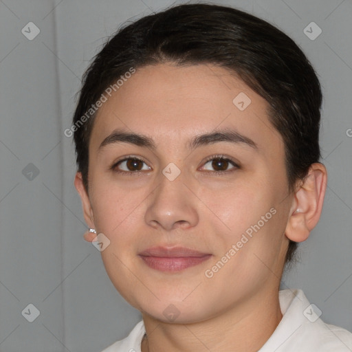 Joyful white young-adult female with short  brown hair and brown eyes