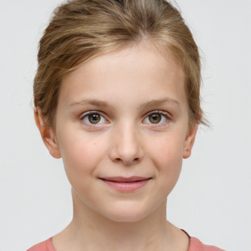 Joyful white child female with short  brown hair and grey eyes