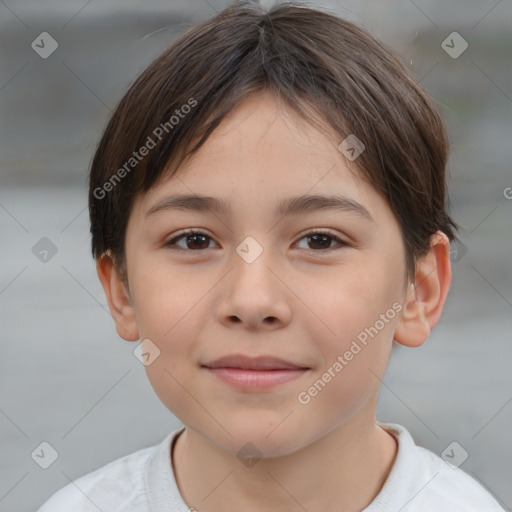 Joyful white child female with short  brown hair and brown eyes