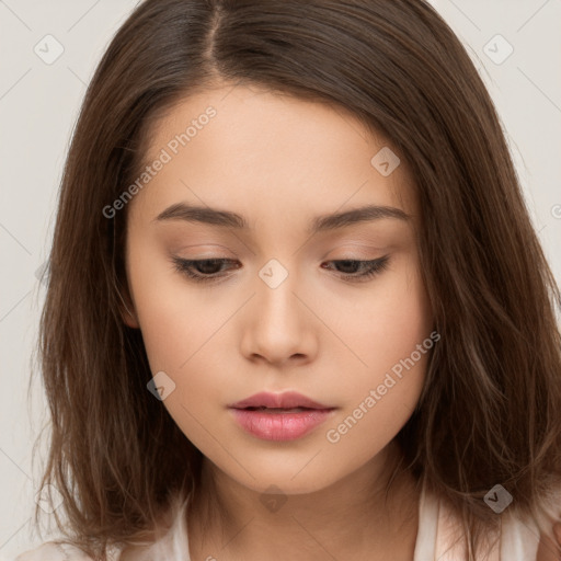 Neutral white young-adult female with long  brown hair and brown eyes