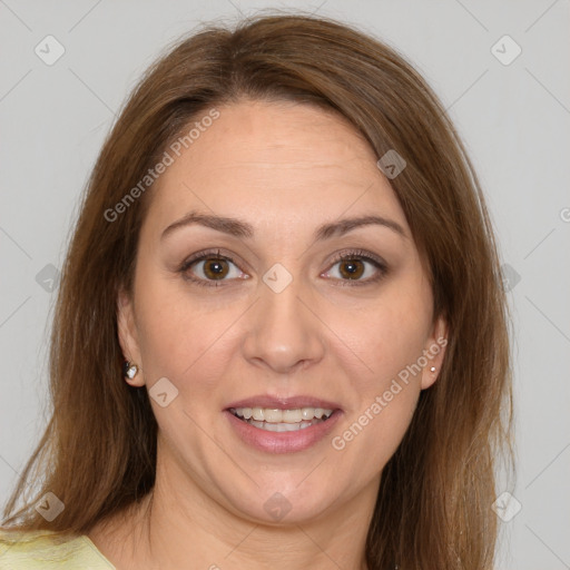 Joyful white adult female with medium  brown hair and brown eyes