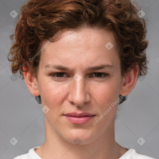 Joyful white young-adult female with medium  brown hair and blue eyes