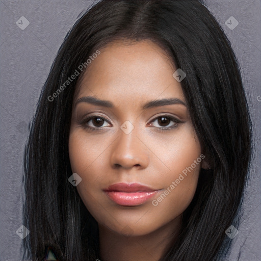 Joyful white young-adult female with long  black hair and brown eyes