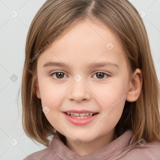 Joyful white child female with medium  brown hair and brown eyes