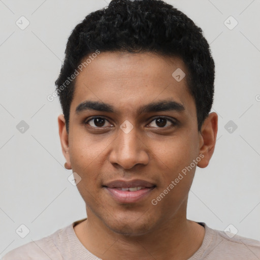 Joyful latino young-adult male with short  black hair and brown eyes