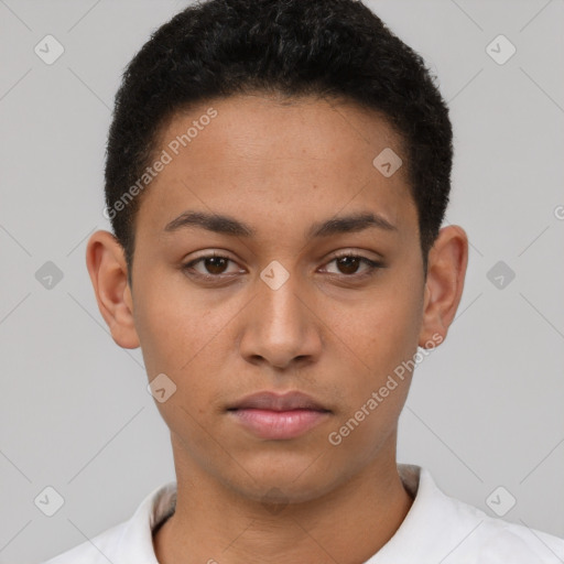 Neutral latino young-adult male with short  brown hair and brown eyes