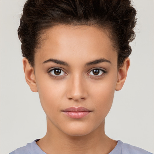 Neutral white young-adult female with short  brown hair and brown eyes