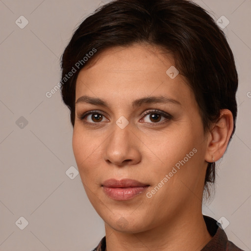 Joyful white young-adult female with medium  brown hair and brown eyes