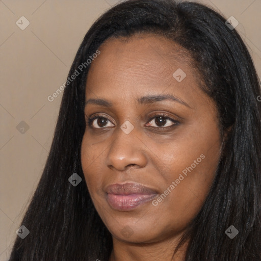 Joyful black young-adult female with long  black hair and brown eyes