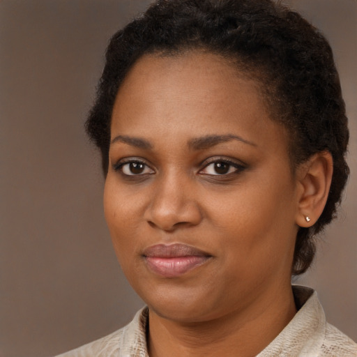 Joyful black young-adult female with short  brown hair and brown eyes