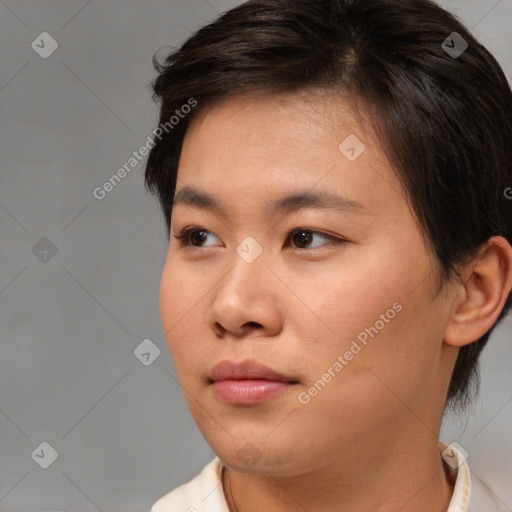 Neutral asian young-adult female with short  brown hair and brown eyes