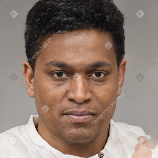 Joyful latino young-adult male with short  brown hair and brown eyes
