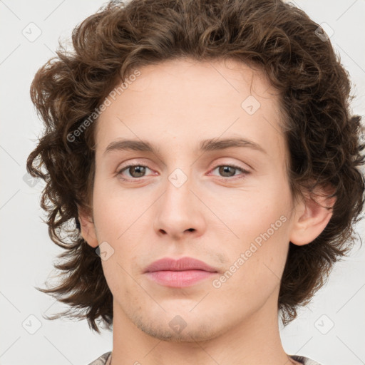 Joyful white young-adult female with medium  brown hair and green eyes