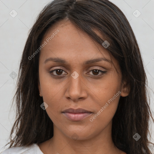 Neutral white young-adult female with long  brown hair and brown eyes