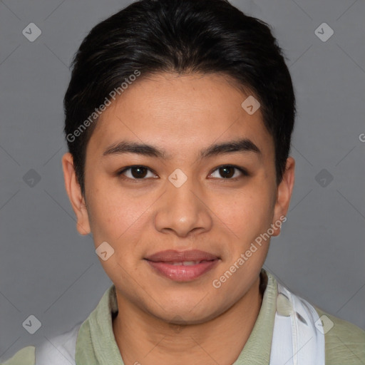 Joyful asian young-adult female with short  brown hair and brown eyes