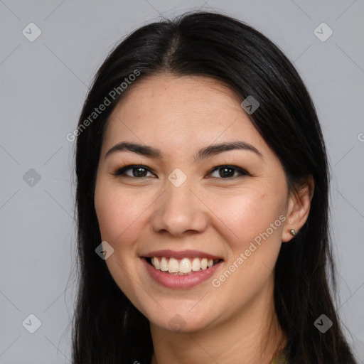 Joyful white young-adult female with long  brown hair and brown eyes