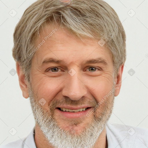 Joyful white middle-aged male with short  brown hair and brown eyes