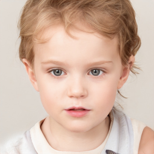 Neutral white child female with short  blond hair and grey eyes