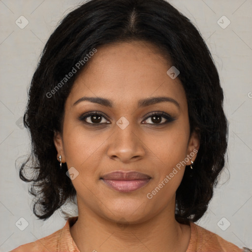 Joyful black young-adult female with medium  brown hair and brown eyes