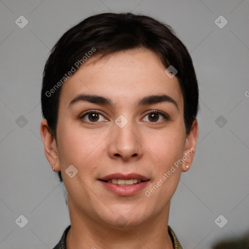 Joyful white young-adult female with short  brown hair and brown eyes