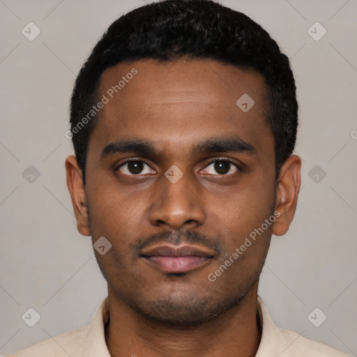 Neutral latino young-adult male with short  black hair and brown eyes