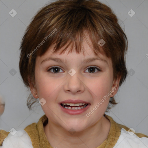 Joyful white child female with medium  brown hair and brown eyes