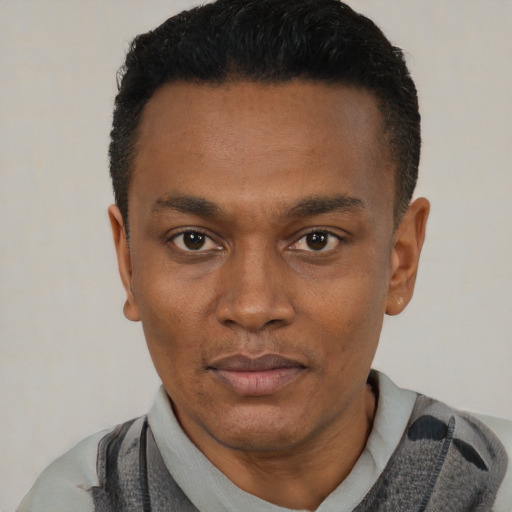Neutral black young-adult male with short  black hair and brown eyes
