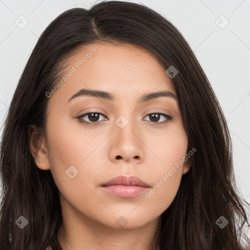 Neutral asian young-adult female with long  brown hair and brown eyes