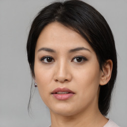 Neutral asian young-adult female with medium  black hair and brown eyes