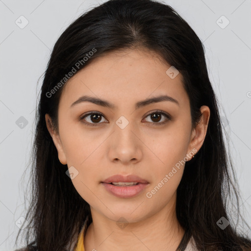 Neutral asian young-adult female with long  brown hair and brown eyes