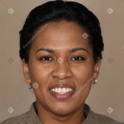 Joyful latino young-adult female with short  black hair and brown eyes