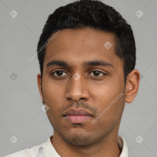 Neutral black young-adult male with short  black hair and brown eyes