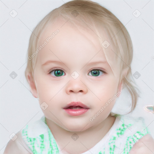 Neutral white child female with medium  brown hair and blue eyes