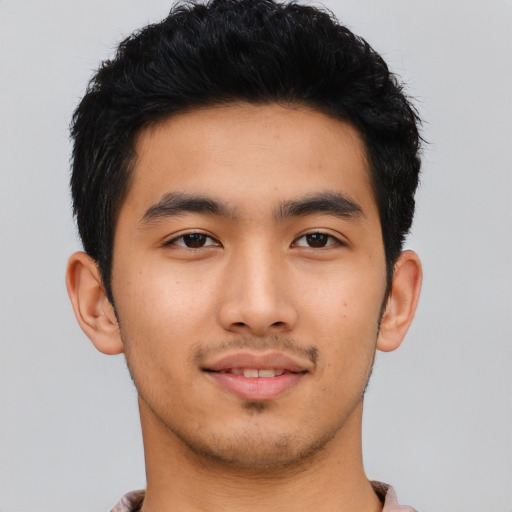 Neutral asian young-adult male with short  black hair and brown eyes