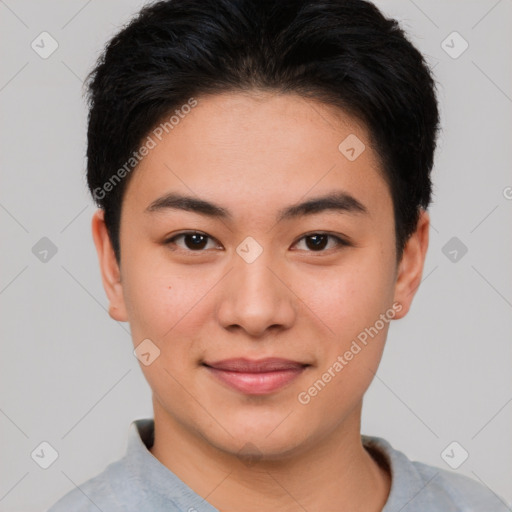 Joyful asian young-adult female with short  brown hair and brown eyes