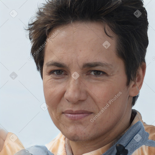 Joyful white adult female with short  brown hair and brown eyes