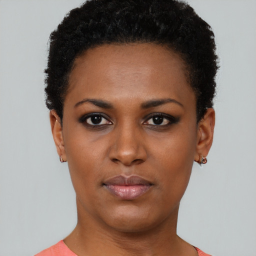 Neutral black young-adult female with short  black hair and brown eyes