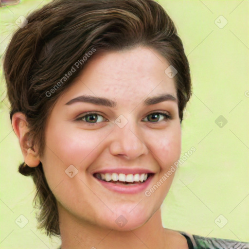 Joyful white young-adult female with medium  brown hair and green eyes