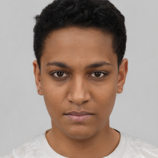 Neutral black young-adult female with short  black hair and brown eyes
