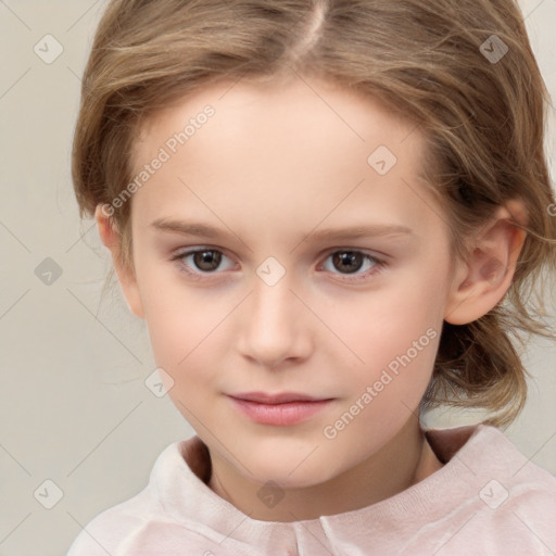 Joyful white child female with medium  brown hair and brown eyes