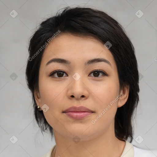 Neutral asian young-adult female with medium  brown hair and brown eyes