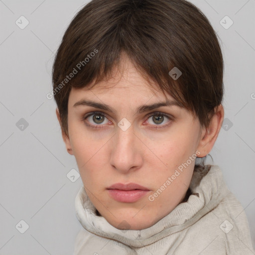 Neutral white young-adult female with medium  brown hair and brown eyes