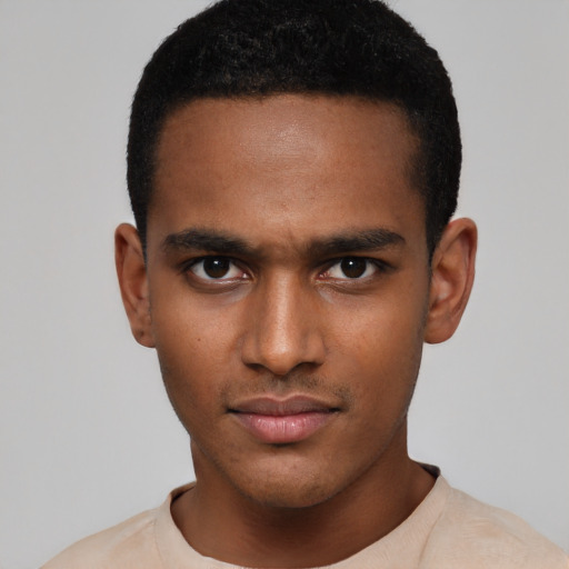 Neutral black young-adult male with short  black hair and brown eyes
