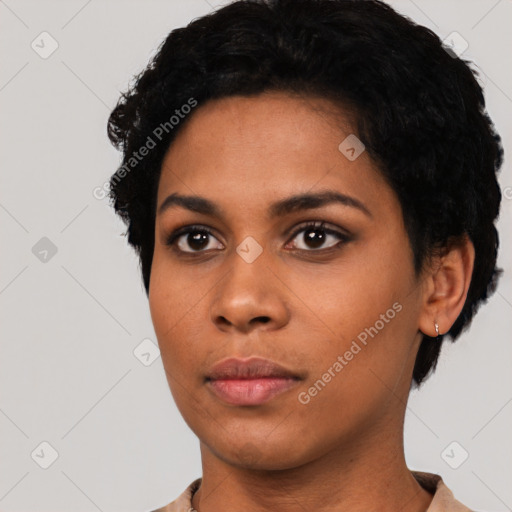 Neutral latino young-adult female with short  black hair and brown eyes