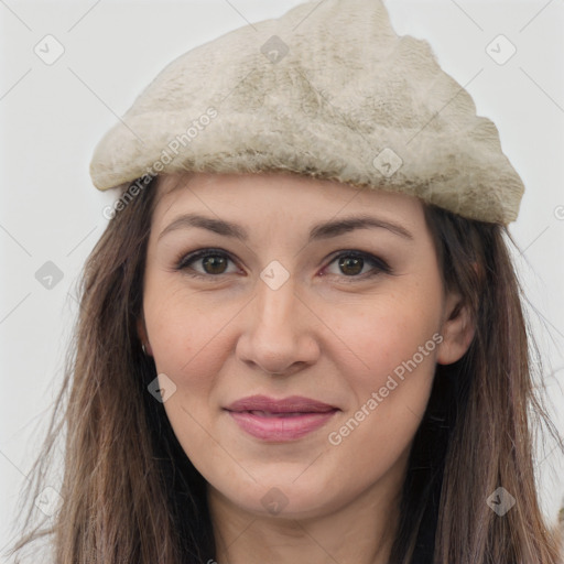 Joyful white young-adult female with long  brown hair and grey eyes