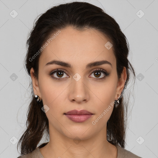 Neutral white young-adult female with medium  brown hair and brown eyes