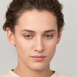 Neutral white young-adult female with short  brown hair and brown eyes