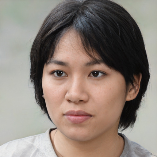 Neutral asian young-adult female with medium  black hair and brown eyes